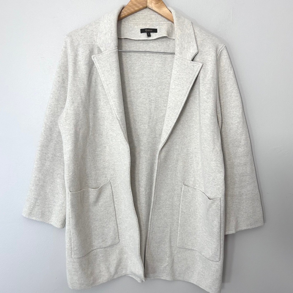 Quince Organic Cotton Knit Blazer Womens Large Speckled Beige Open Front Sweater